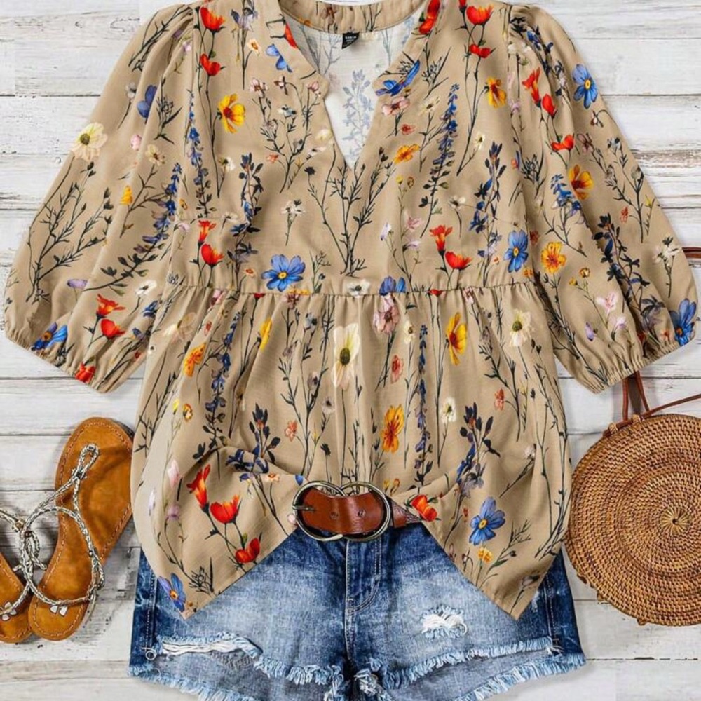 NWOT SHEIN Linhara Floral Print Notch V-Neck Puff Sleeve Casual Blouse